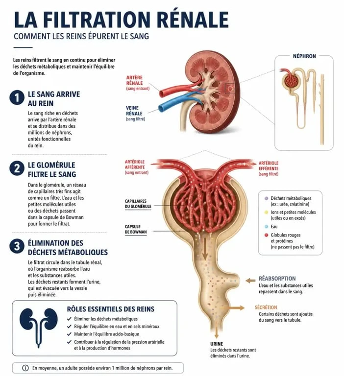 Schéma explicatif du fonctionnement rénal et du taux de créatinine élevé