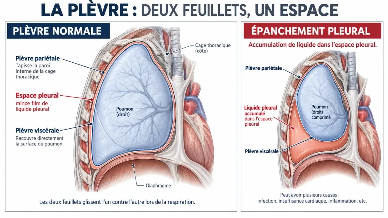 Schéma anatomique expliquant le cancer de la plèvre, les deux feuillets pleuraux et l’épanchement pleural