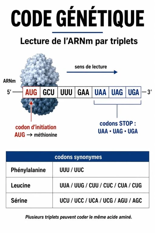Code génétique : schéma du ribosome lisant un ARNm par triplets avec codon AUG et codons STOP