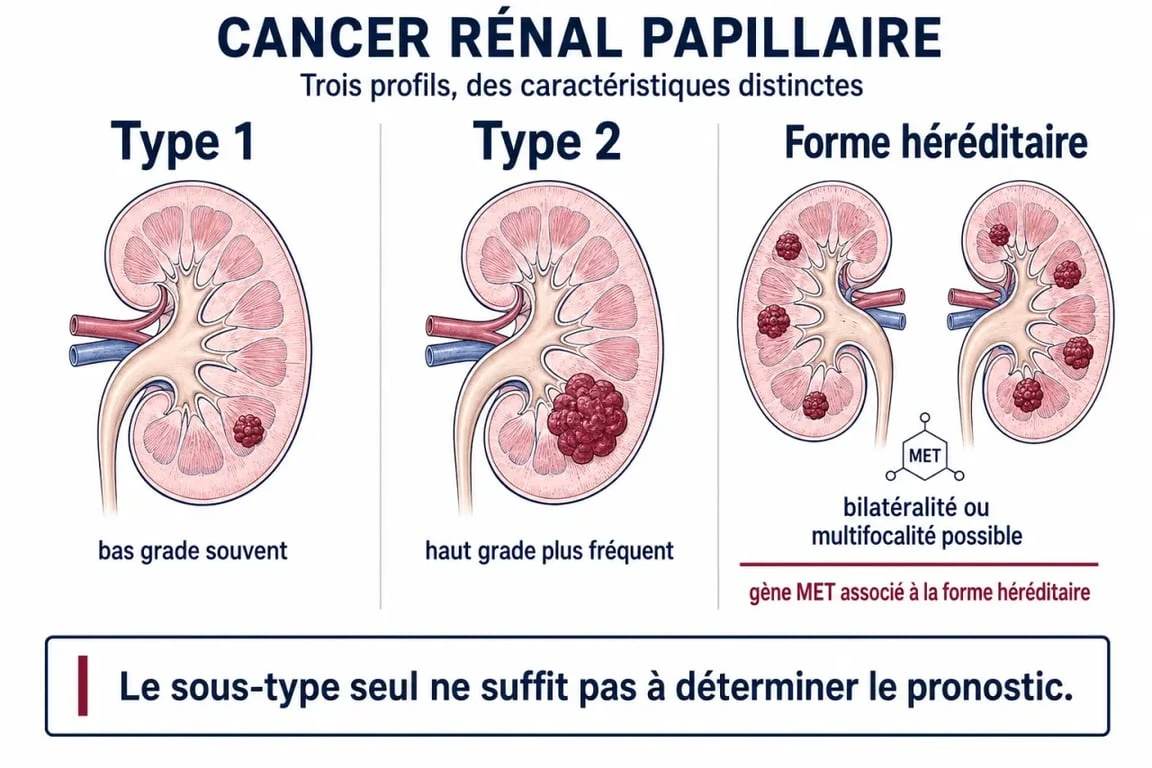 Infographie comparative des types 1 et 2 du cancer rénal papillaire et de sa forme héréditaire