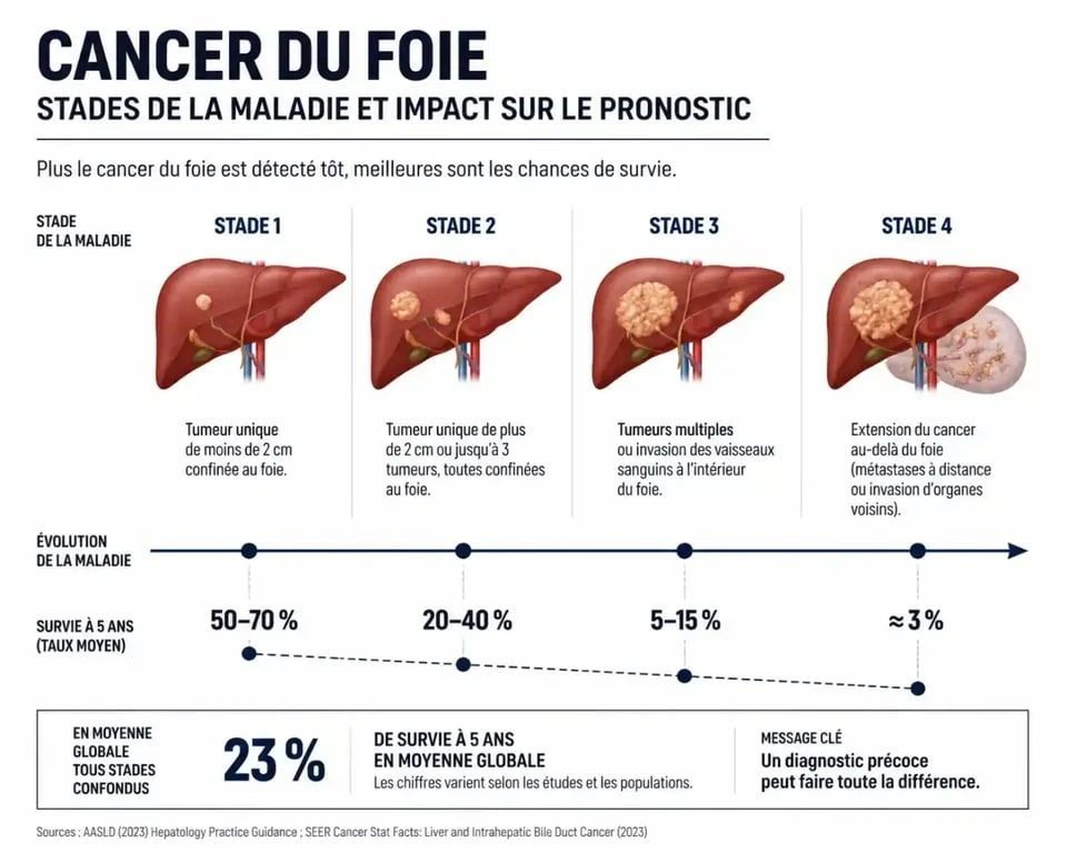 Infographie sur les stades du cancer du foie et la durée de vie d'une personne atteinte du cancer du foie selon le stade
