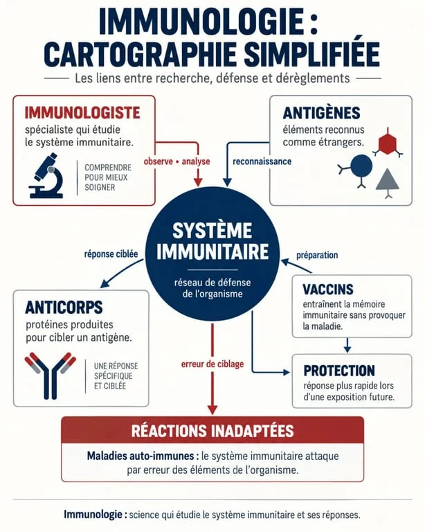 Schéma pédagogique pour comprendre la définition d’un immunologiste et les liens avec le système immunitaire