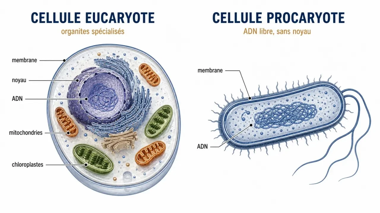 Schéma comparatif de cellule eucaryote et procaryote montrant le noyau et les organites