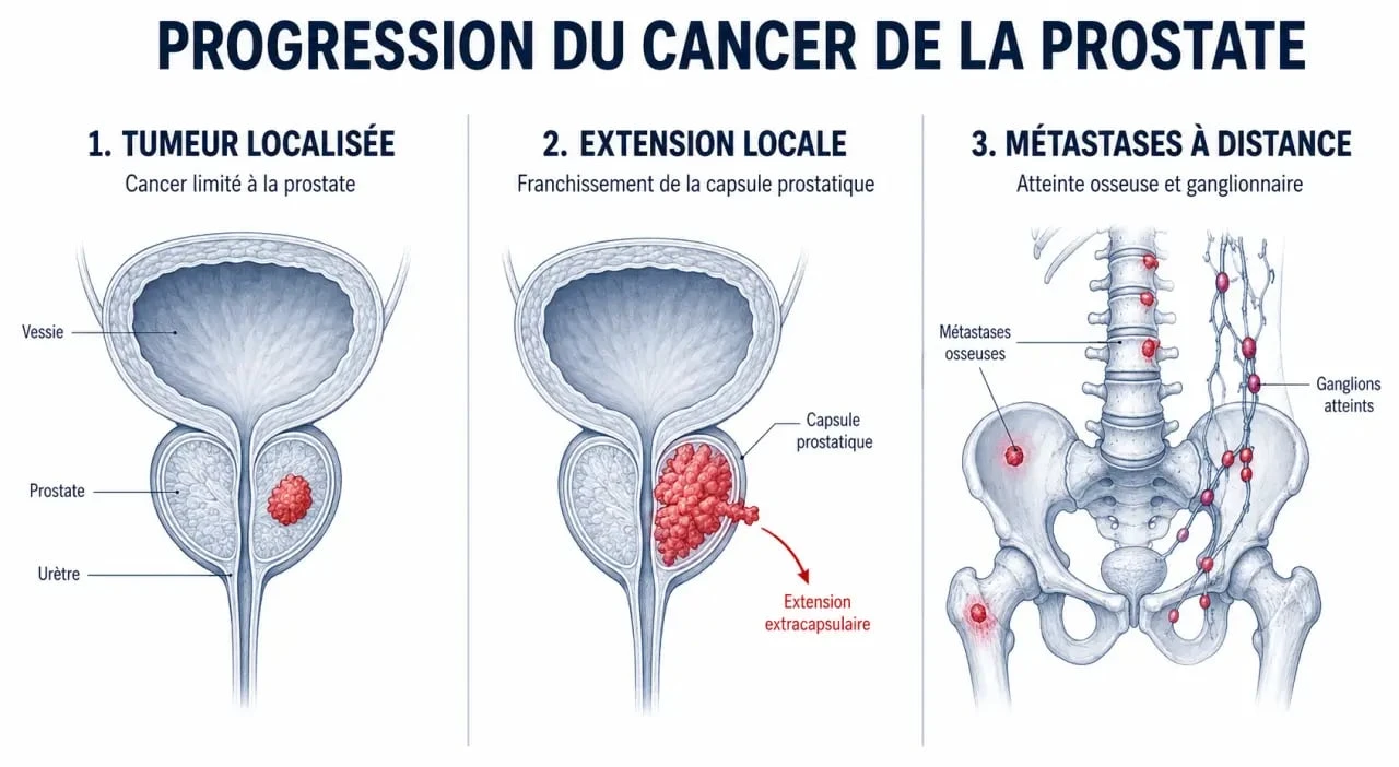 Schéma du cancer de la prostate montrant la progression localisée, locale avancée et métastatique