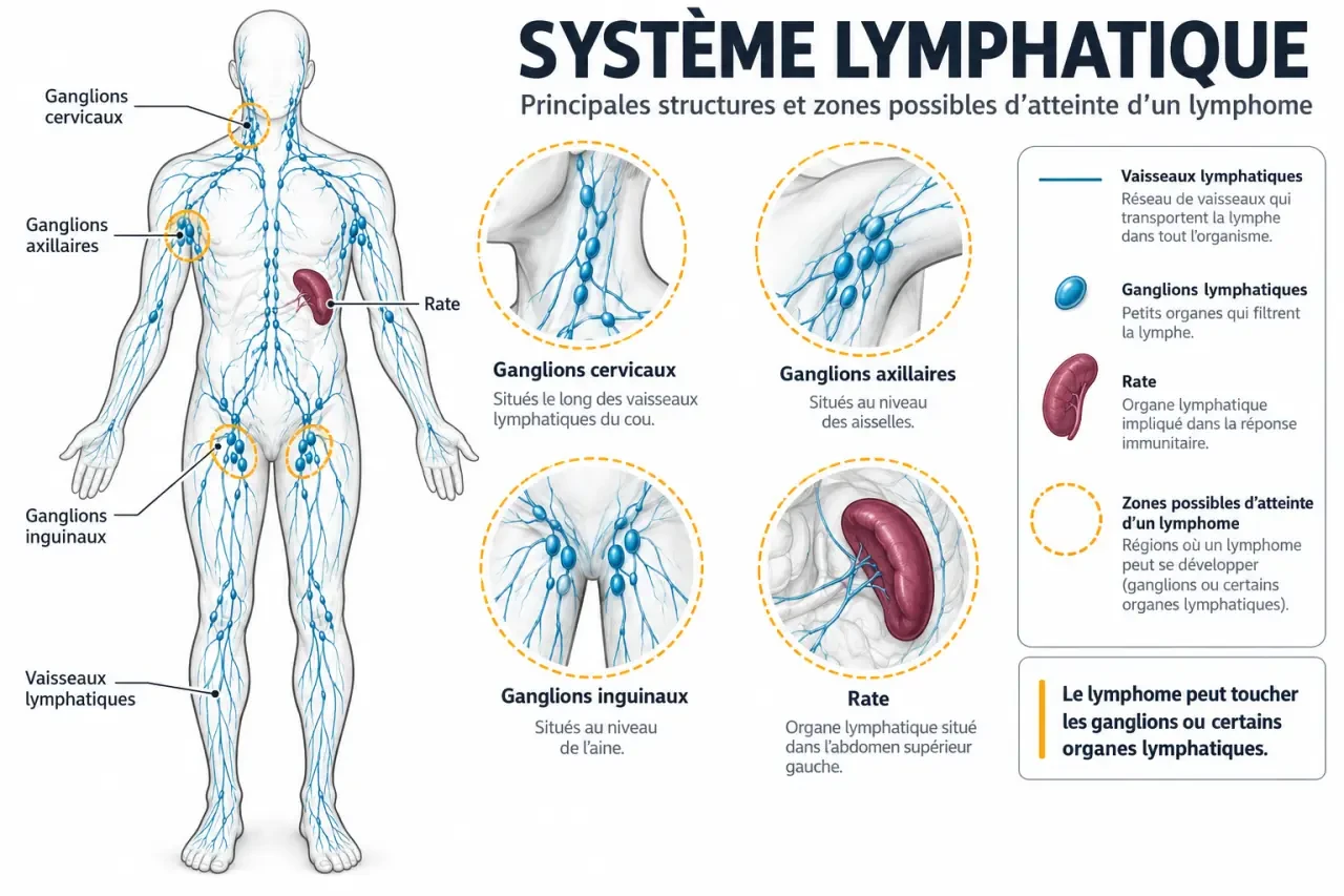 Schéma du système lymphatique et des zones d’atteinte possibles du cancer lymphatique