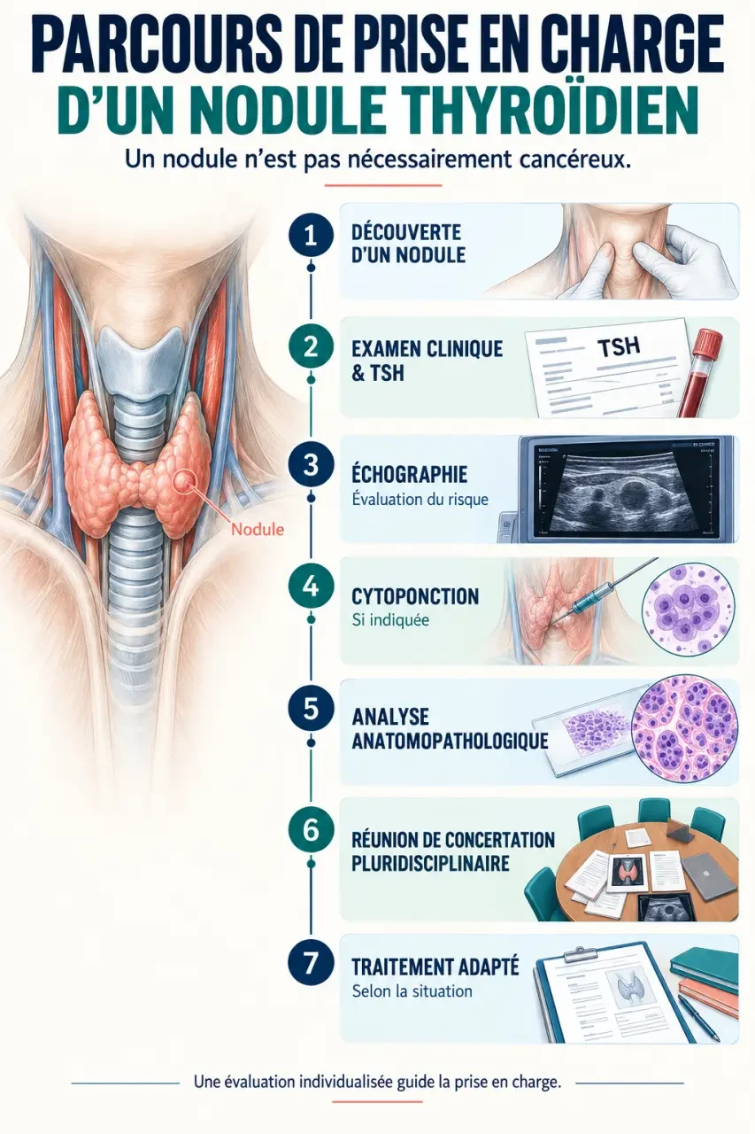 Infographie du parcours de diagnostic et de traitement du cancer de la thyroïde