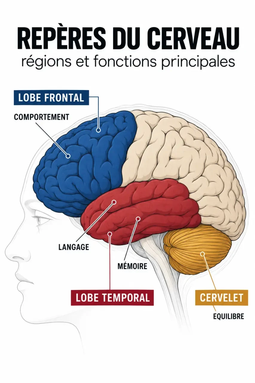 Schéma simplifié des régions du cerveau et des symptômes associés au cancer du cerveau