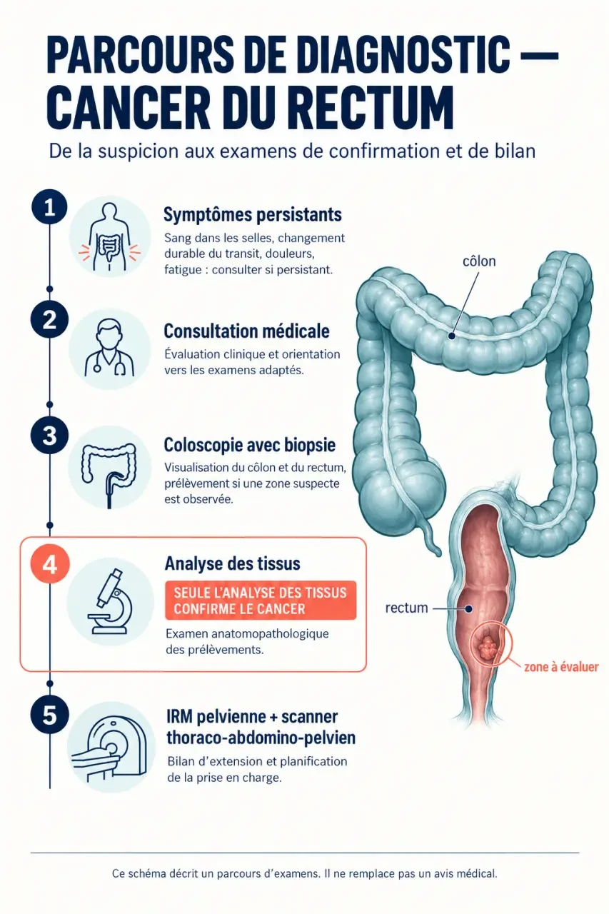 Schéma du parcours de diagnostic du cancer du rectum, de la coloscopie au bilan d’extension