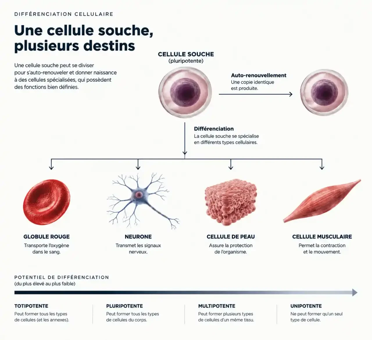 Schéma de la différenciation d'une cellule souche en cellules spécialisées : auto-renouvellement et potentiel cellulaire