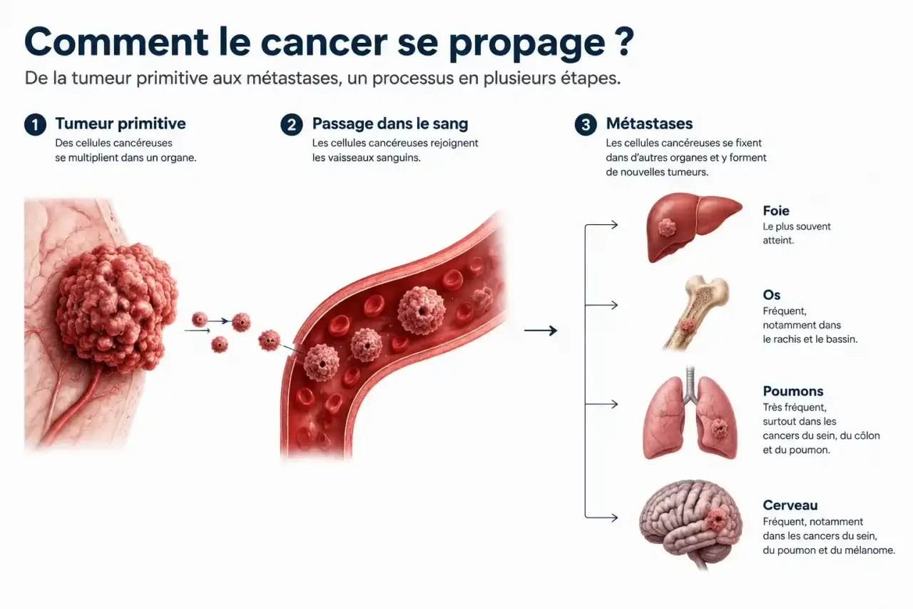 Schéma expliquant le cancer généralisé : propagation des cellules d'une tumeur primitive vers le foie, les os, les poumons et le cerveau