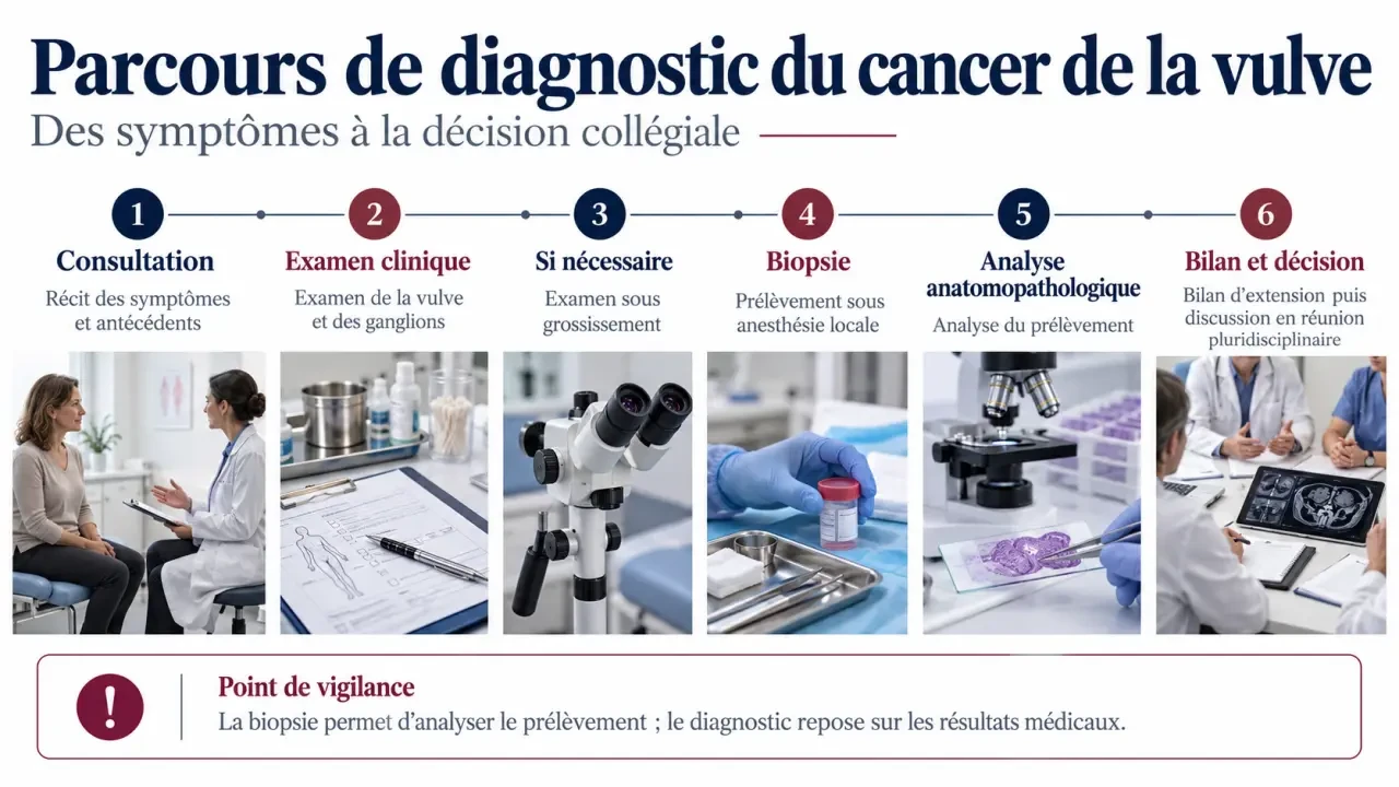 Schéma du parcours de diagnostic du cancer de la vulve, de la consultation à la biopsie et à l'analyse anatomopathologique