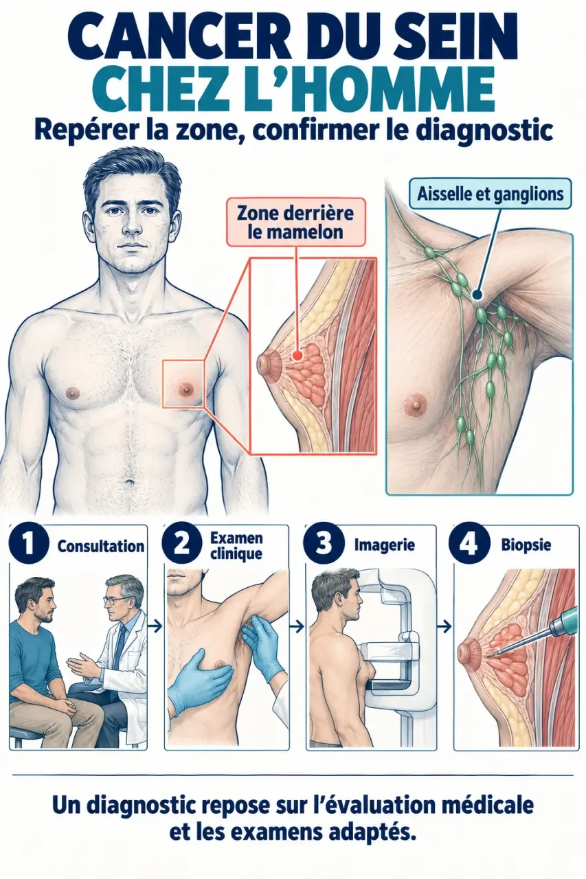 Infographie médicale sur le cancer du sein homme, les signes d’alerte et le parcours de diagnostic
