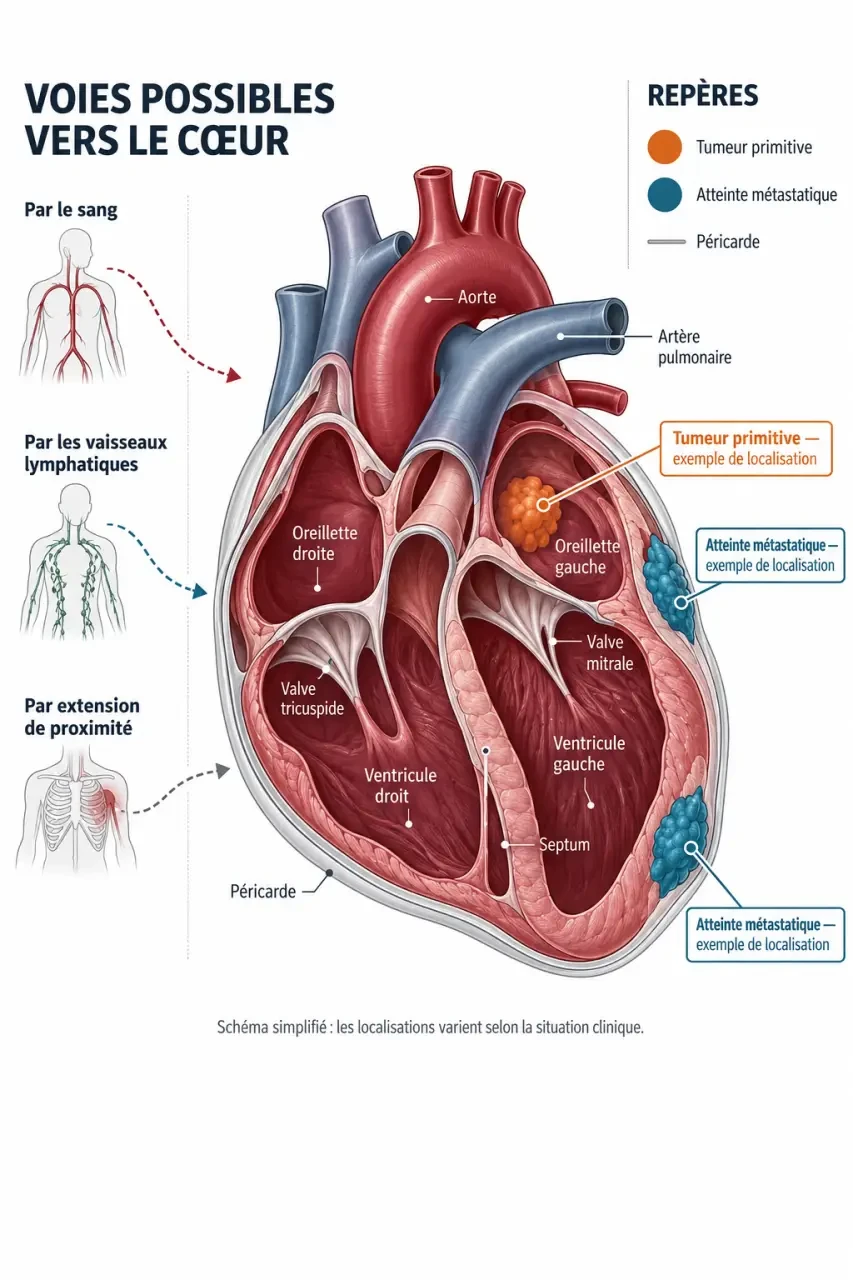 Schéma médical expliquant le cancer du coeur, les tumeurs cardiaques primitives et les métastases