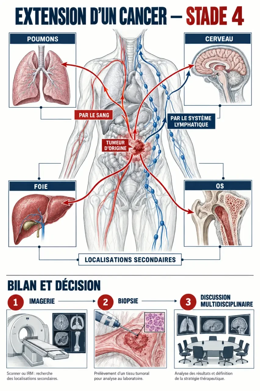 Schéma explicatif d’un cancer de stade 4 avec métastases et étapes du bilan diagnostique